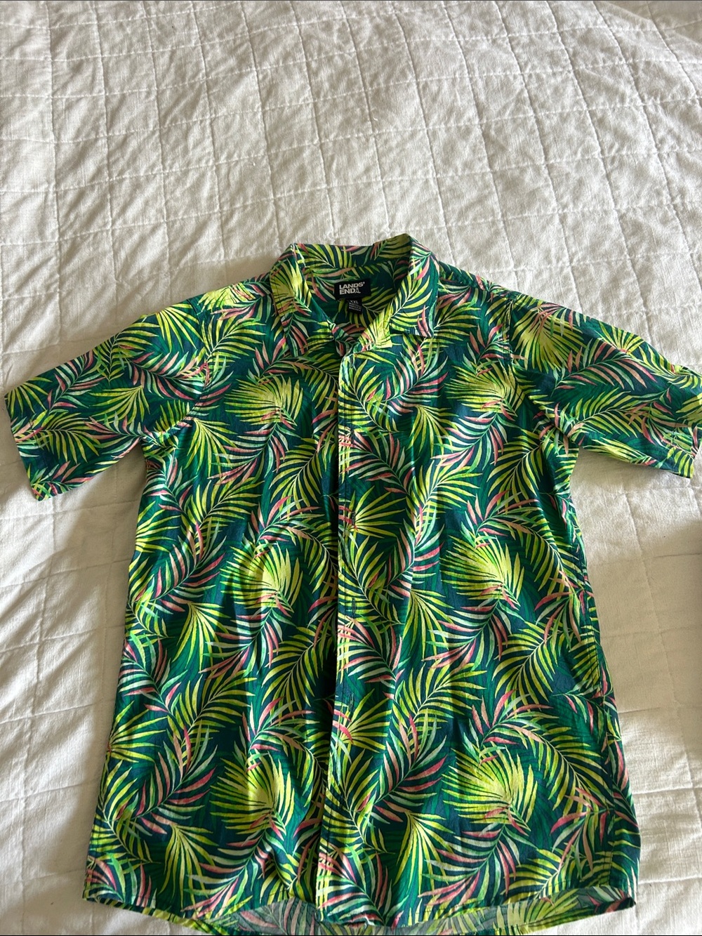 Lands' End Green Tropical Leaf Print Short-Sleeve Shirt